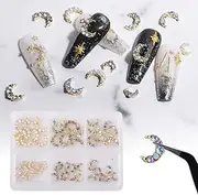 60 Pcs Moon Nail Charms Rhinestones 3D Shiny Moon Shape Metal Gems Jewels Stones Gold Rhinestones Charms Design for Nails Art Accessories DIY Decoration with Storage Box