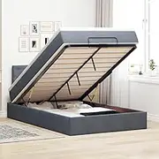 vidaxxl Dark Grey Velvet King Single Ottoman Bed - Storage Bed Frame with Hydraulic Lift, Pocket Spring Mattress, led Lights