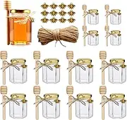 Adabocute Honey Pot, Glass Honey Jars with Wood Dipper, Gold Lid, Bee Charms, Gold Organza Bags, Thank-you Tags, Ideal for Bee Party Favors, 4oz 12 Pack