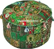 Green Pouffe Round Embroidery Vintage Ottoman Pouf Cover,Patchwork Ottoman, Living Room Patchwork Foot Stool Cover,Decorative Handmade Home Chair Cover (14X22 inch)