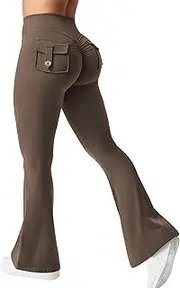 [YEOREO] CoreFlex Flare Leggings with Pockets for Women Scrunch Workout Leggings 30" Butt Lifting Gym Yoga Pants Coffee