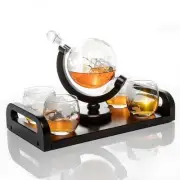 Don Vassie Globe Decanter Set 850ml with 4 Glasses and Wooden Tray Base