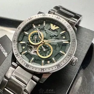 【EMPORIO ARMANI】ARMANI手錶型號AR00057(墨綠色機械鏤空錶面銀錶殼銀色精鋼錶帶款)