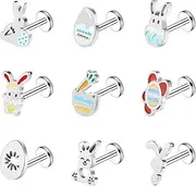 [BodyAce] 16G Easter Labret Studs Lip Rings, Stainless Steel Flat Back Cartilage Earrings for Women, Cute Tragus Piercings Easter Eggs Bunny Medusa Jewelry