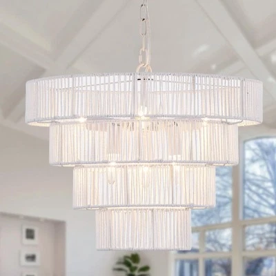 Boho Modern Rattan Chandelier Farmhouse 6-Lights 19.7" Hand-Woven Bamboo Chan...