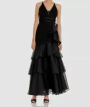 $495 Aidan Mattox Women's Black Sleeveless Mesh Tiered Mermaid Gown Dress Size 6