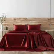 [Candoury] Satin Sheets Bed Set 6 Pcs, King Size Silky Bedding Set, Soft and Durable Pillowcase, Flat Sheet and Fitted Sheet, Hotel Luxury Bed Sheets Set(King, Burgundy)