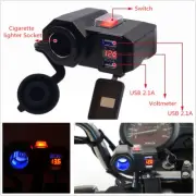DC12V Waterproof Motorcycles Handldbar 2USB Port Adapter Blue LED With Voltmeter