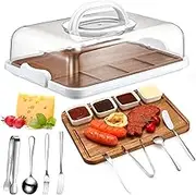 Baderke Wood Charcuterie Board with Lid Set, 12''x8.5'' Cutting Board with Clear Cover Charcuterie Accessories with Dip Bowls Cheese Spreader Butter Knive Mini Serving Tongs Spoons and Forks(Acacia)