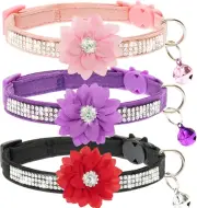 Breakaway Cat Collars - Flower Rhinestones Cute Cat Collars with Bell for Girl B