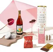 Rosé Gift Hamper | Rosy Rebecca Gift Box by Good Day People | Gourmet Gift with Bahen & Co. Raspberry Chocolate, Travel Candle, Fluffe Fairy Floss & Premium Rosé Wine – Great as Birthday Gifts, Pamper Gift, Thank You Gifts, Anniversaries & Celebrations