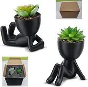 Paifeancodill 2 Pcs Fake Succulent, Mini Succulents Plants Artificial in Black Human Shaped Ceramic Pots
