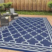 Waterproof Outdoor Rug 9x12 ft, Outdoor Patio Rug Vintage Reversible Mats Large Floor Mat for Outdoors, RV, Patio, Backyard, Deck, Picnic, Beach, Camping,Trellis|Navy&White