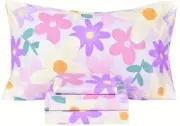 Purple Flower Painting Teen Kids Girls 100% Cotton Queen Bed Sheet Set, Flat ...