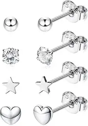Kakonia 925 Sterling Sliver Tiny/Small Stud Earrings Set for Women Girls Cubic Zirconia Earrings Cartilage Helix Ear Piercing Star Ball Heart Earrings