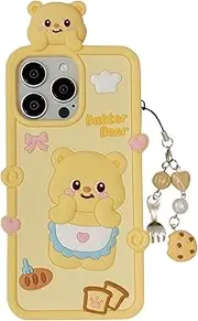 QoKcoahn Case for iPhone 15,Kawaii Phone Cases 3D Cartoon Cute Funny Butter Bear with Keychain Silicone Rubber Shockproof Protective Case Women Girls for iPhone 15