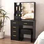 Modern Dressing Table 10 LED Lights Vanity Table with Mirror Makeup Table Black