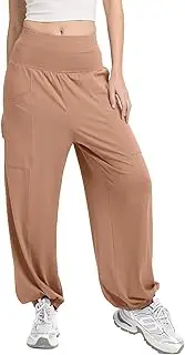 [Mintreus] Women's Harem Pants, High Waist Boho Palazzo Trousers with Front Pockets Summer Hippie Pants 2025, Light Brown, Large
