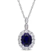 Oval Lab-Created Blue Sapphire, White Topaz and Diamond Accent Frame Pendant in 14K White Gold û 17"