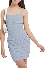 [EXARUS] Girls Bodycon Dress Ruched Spaghetti Strap/Short Sleeve/Halter Mini Tight Dresses Pencil Casual Party 8-14Y