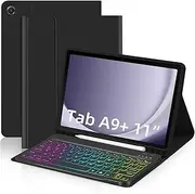 Jarttarn Backlit Keyboard Case for Samsung Galaxy Tab A9 Plus 11 inch 2023 SM-X210/X216/X218, Slim Protective Case with Pencil Holder, Detachable Wireless RGB Backlit Keyboard Case (Black)