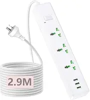 Power Board with USB,2500W Power Strip with 3 AC Outlets and 3USB(5V 2A), Surge Protection Powerboard with 2.9M Extension Power Cord for Travel Home Office Accessories (3AC White)