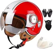 3/4 Motorcycle Helmet, Retro Open-Face Half Helmet Adult Motorbike Moped Cruiser Helmets Men Women Scooter Helmet Vintage Style ECE Approved A,L=61-62CM