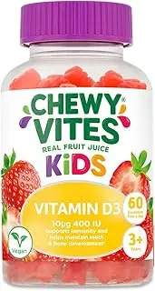 Chewy Vites Kids, High Strength Vit D3 60 Gummy Vitamins, 10 micrograms, 400 IU, 1-a-day, Real fruit juice, Vegan, 3 years +