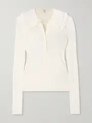 [Chloé] Chloé - Lace-trimmed Ribbed Wool Polo Shirt - White - FR 42 FR 42 White