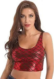 [Choomomo] Women's Fish Scale Shiny Vest Sleeveless U Neck Tank Tops Sport Yoga Camisole Workout Fitness Crop Top