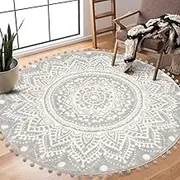 Uphome Boho Round Rug for Living Room 4' Circular Grey Mandala Area Rug with Pom Poms Fringe Washable Cute Bohemian Accent Throw Rugs Non-Slip Soft Floor Mat for Bedroom Sofa Kids Room Nursery