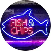 Fish & Chips Fast Food Open Display Dual Color LED Neon Sign Blue & Red 400 x 300mm st6s43-i3155-br