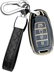 HIBEYO Key Fob Cover for 2018 2019 2020 2021 2022 Hyundai Santa Fe Venue Kona Veloster Palisade Elantra GT Accessories with Keychians Key Case Shell Soft TPU 4 Button-Black