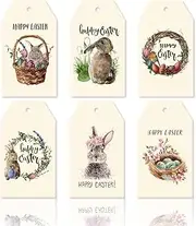 Whaline 120Pcs Easter Vintage Gift Tags with Hemp Rope Retro Easter Egg Bunny Floral Paper Tags Pre-Punched Happy Easter Hanging Labels for Easter Holiday DIY Crafts Party Favor Supplies