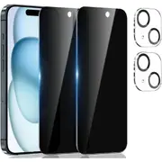 2 Pack Privacy Screen Protector for iPhone 15 (6.1 inch) with 2 Pack Camera Lens Protector, Anti Spy Tempered Glass Film
