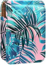 Travel Lipstick Organizer Case,Lipstick Case Portable Makeup Bag with Mirror,Tropical Palm Leaf