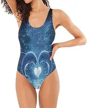 [Joisal] Statue Hand Clouds One Piece Swimsuit Women Sexy with Bra, Dolphins Heart Blue, Medium