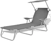 Sun Lounger, Outdoor Sun Lounge Patio Chaise Lounge Reclining Chair Recliner Chair Sun Lounger with Canopy Steel Grey