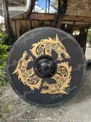 24'' Medieval Viking Fenrir Golden Dragon Norse Handmade Wooden Round Shield.