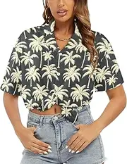 [Generic] Women's Short Sleeve T Shirt, Comfy Button Down T-Shirt,Soft Beach Summer Tops Blouses, Retro Monoline Palms-118