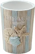 Zenna Home Seaside Serenity Bathroom Tumbler with Carved Resin Design, Cotton Swab Holder or Jewelry Holder for Bathroom Decor with Hand-Painted Shells, Teal/Ivory