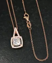 Cushion rose gold on solid Sterling Silver pendant, cubic zirconia, 18” chain