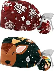 [YTYVAGT] 2-Pc,Nurse Scrub Caps,Scrub Hats with Buttons and Cotton Sweatband,Christmas Snowflakes Tree