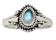 Sterling Silver 925 Pear Shape Teardrop Rainbow Moonstone Gemstone Ring sz 6