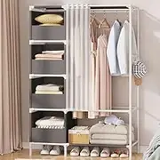 Portable Wardrobe Rack,Large-Capacity Storage Wardrobe, Folding Wardrobe, Portable Wardrobe, Simple Cloth Wardrobe, with Large-Capacity Basket + Multifunctional Hooks, Suitable for dormitori