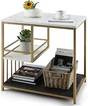 Giantex White Marble Side Table, 3-Tier End Table w/Golden Polished Steel Frame, Modern Nightstand Accent Table for Living Room, Bedroom, Easy Assembly, Marble & Golden
