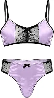 [Hedmy] Mens Sissy Stain Crossdress Lingerie Set Lace Trim Cami Bra Tops with Panties Thongs Pajamas