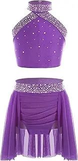 [Manyakai] Kids Girls Sparkly Rhinestones Lyrical Dance Outfit Crop Top Leotard Skirt 2-Piece Ballet Dancewear