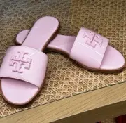 Tory Burch NIB Everly Slide Sandals Patent Leather Logo Petunia Pink MANY SIZES