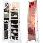 Costway Full Length Revolving Mirror Cabinet Jewelry Cupboard w/Vanity Table Storage Shelves White